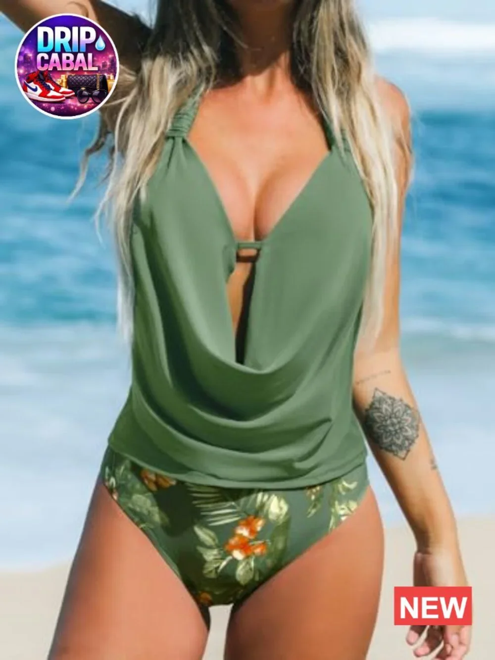 Halter Deep V Cowl Neck Tankini Bathing Suit with High Waist Bottom